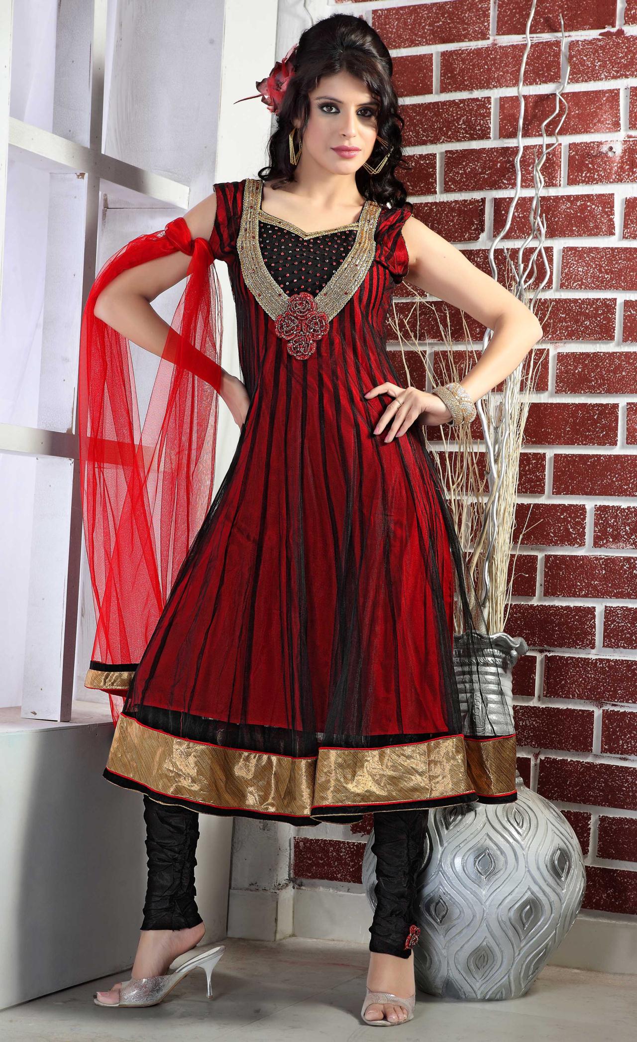 Black and Red Sleeveless Net Designer Salwar Kameez 15351