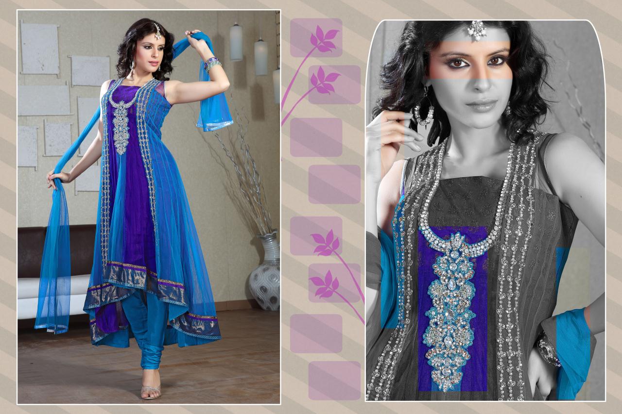 Blue and Pruple Net Anarkali Suit 16625