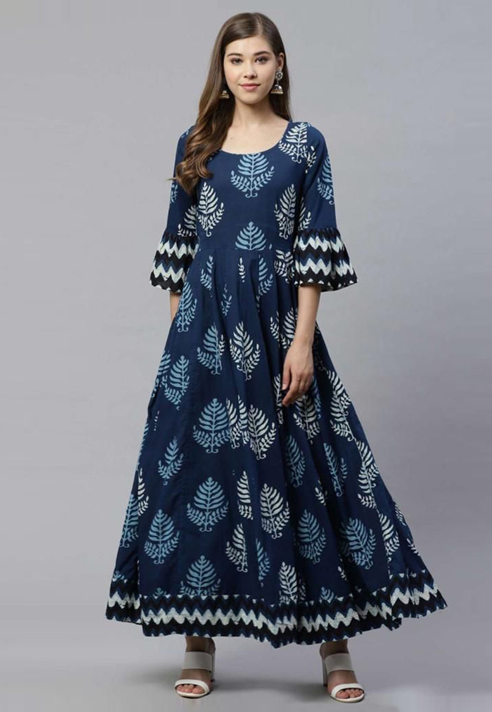 Navy Blue Rayon Printed Gown 246366