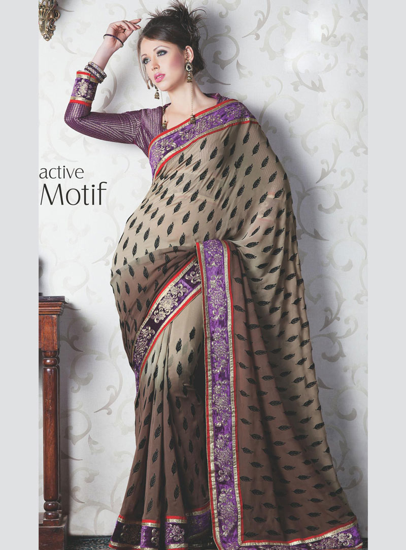 Brown Faux Georgette Saree With Unstitched Blouse 13950