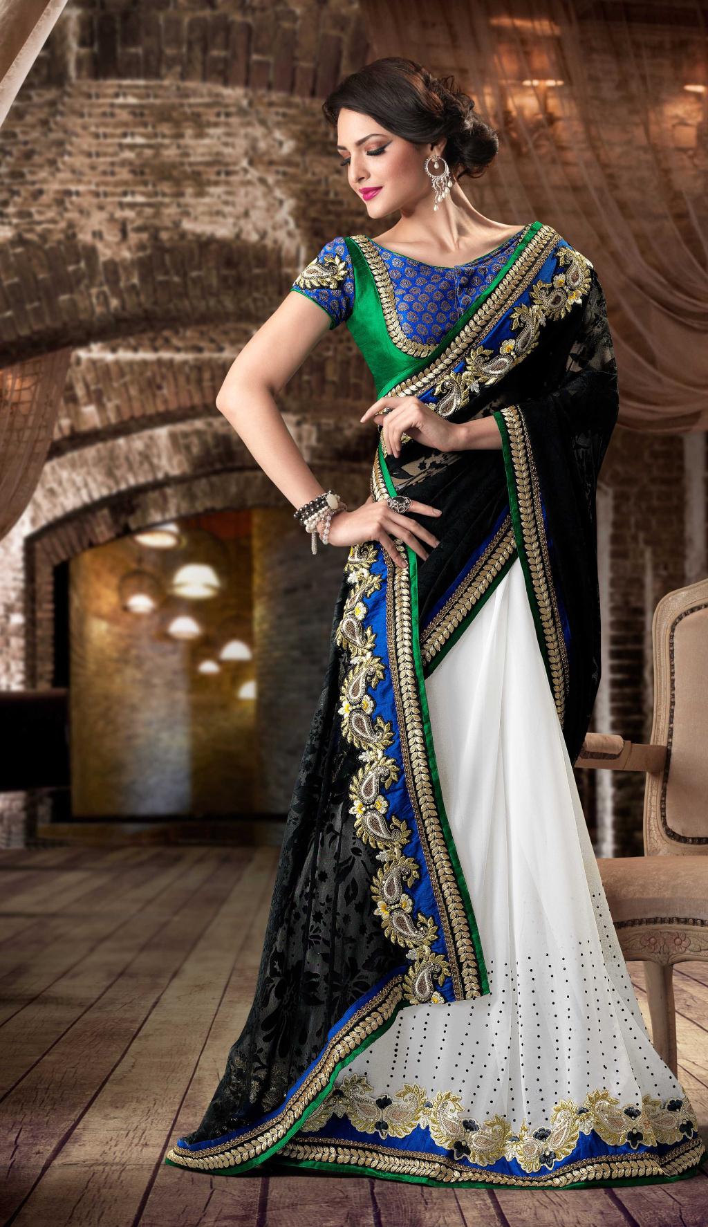 Black and Net Faux Georgette Saree 20381 With Unstitched Blouse