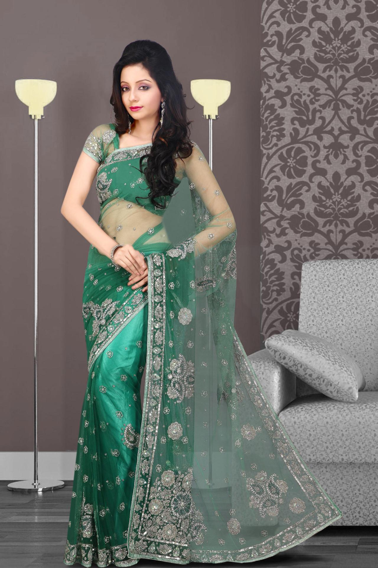 Emerald Green Net Saree 16954 With Unstitched Blouse