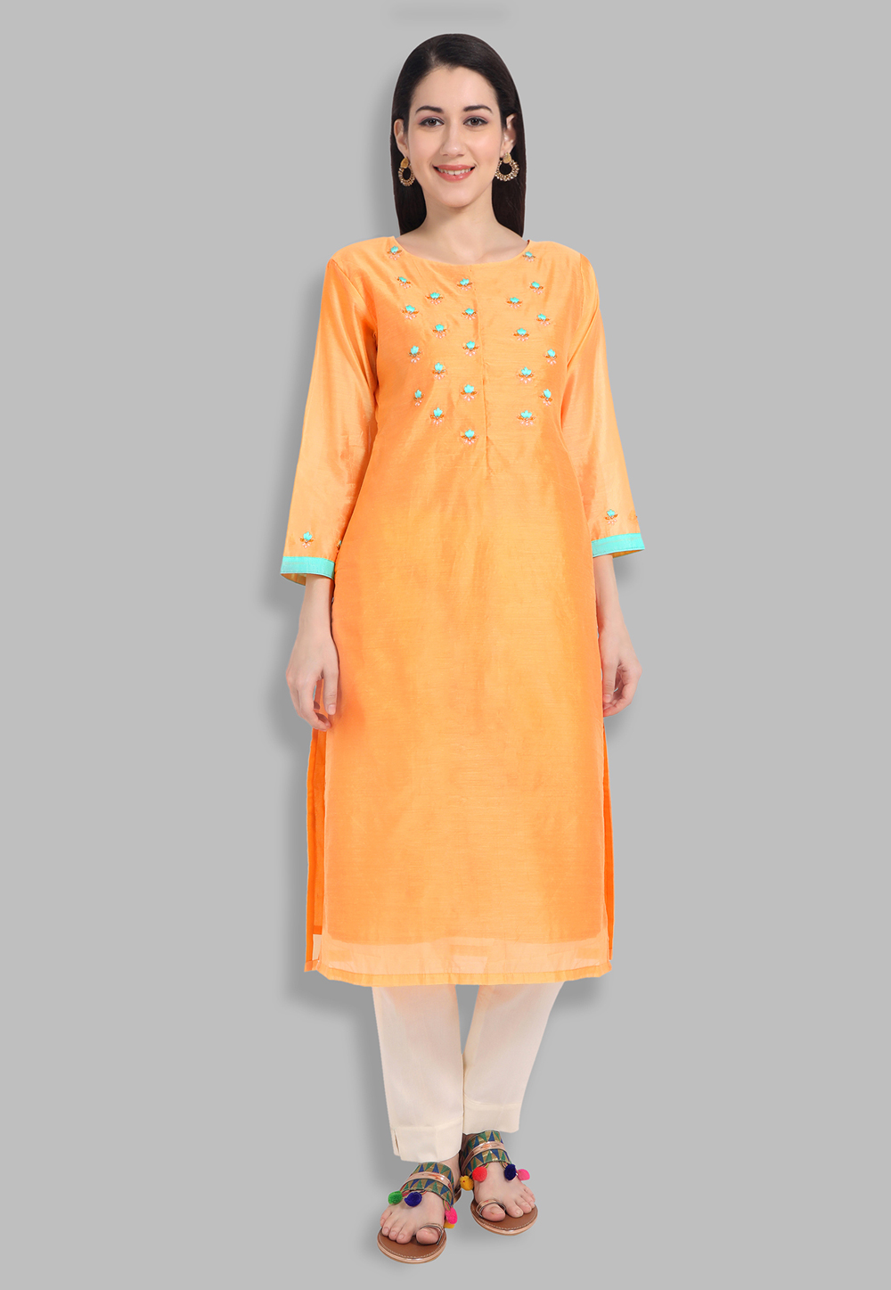 Chanderi Silk Handwork Kurti In Orange 201428