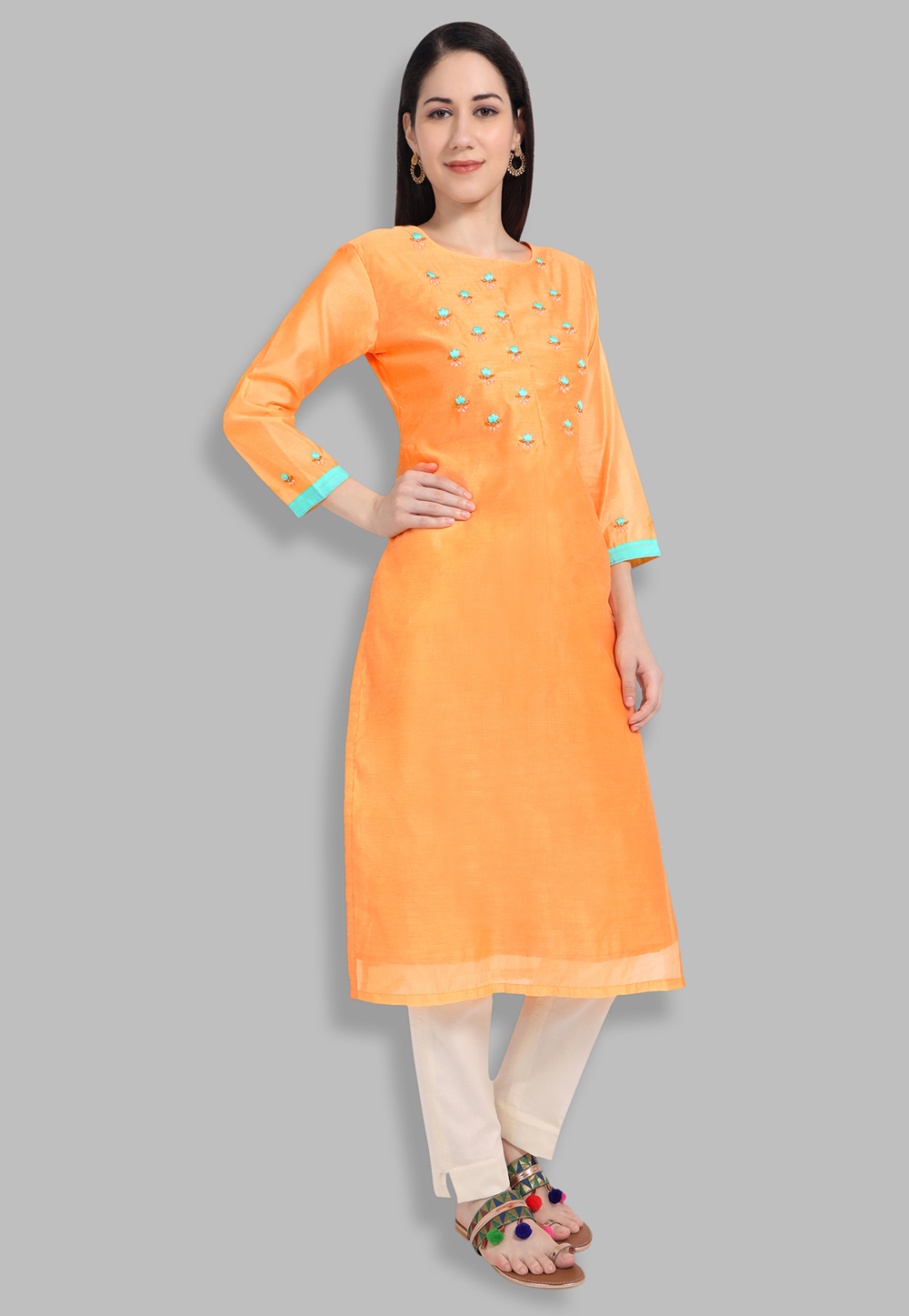 Buy Eid Design Light Orange Silk Embroidered Trouser Suit LSTV118920