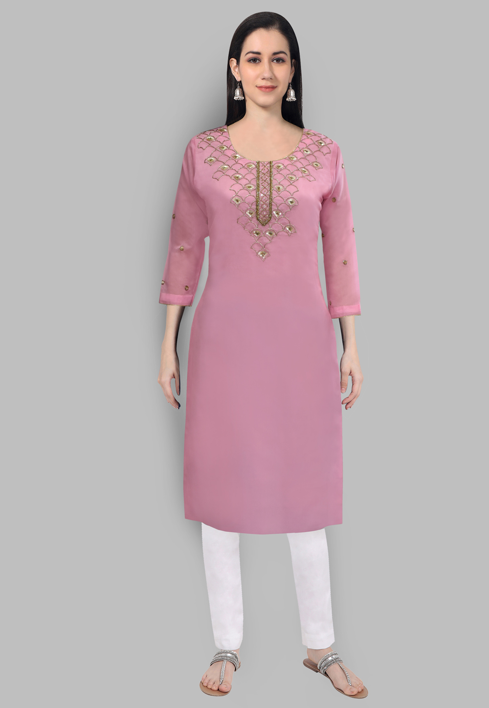 Chanderi Silk Handwork Kurti In Pink 201430
