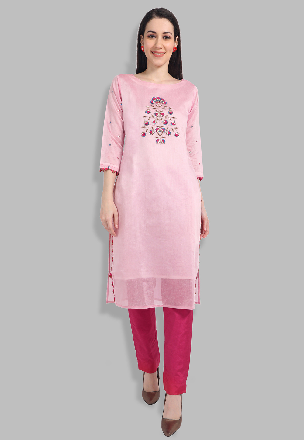 Buy Pink Hand Embroidered Chanderi Silk Anarkali Kurta with Pants- Set Of 2  | ABY502/ABY5 | The loom