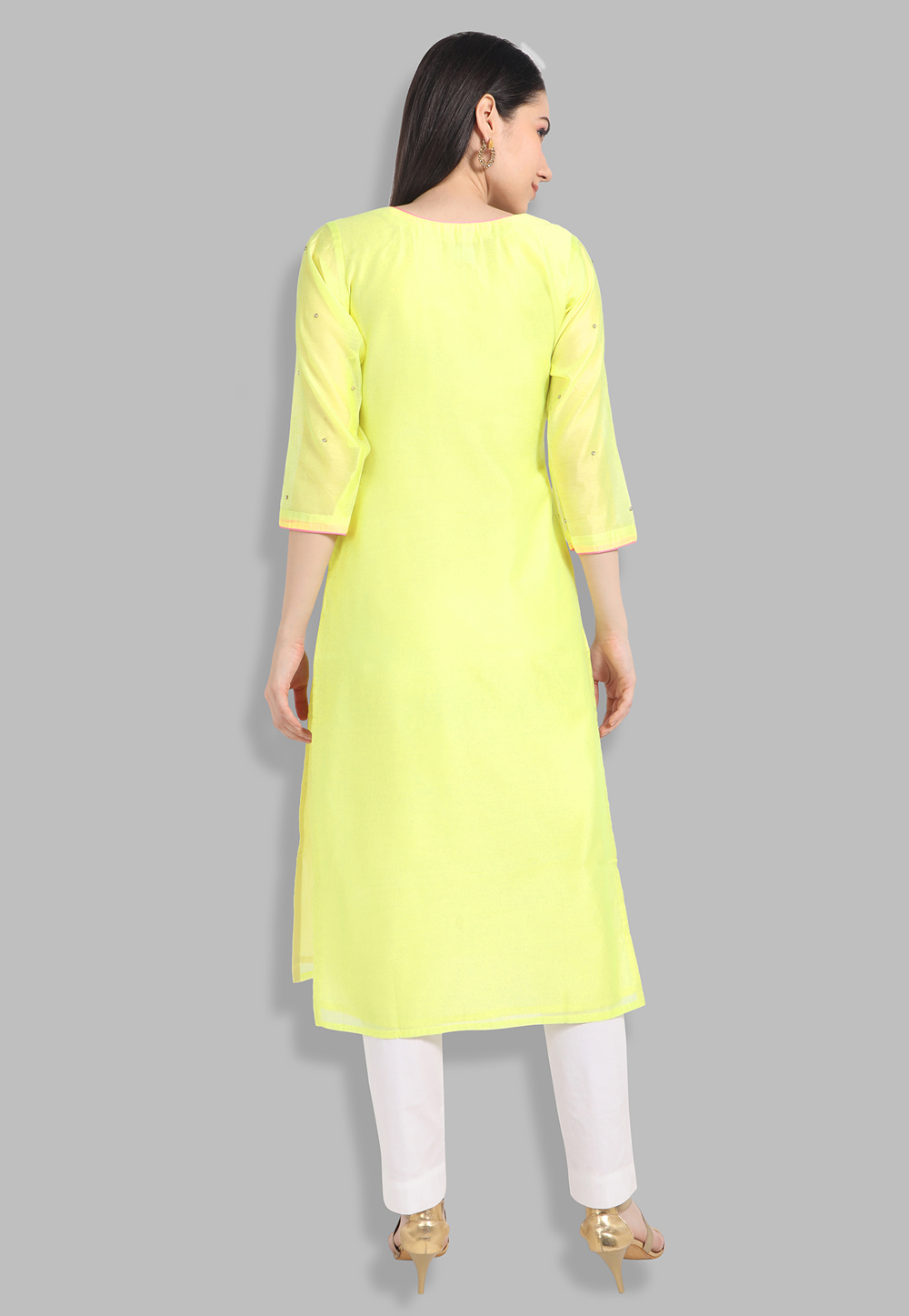 Shop Green Chanderi Ankle Length Front Slit Kurti After Six Wear