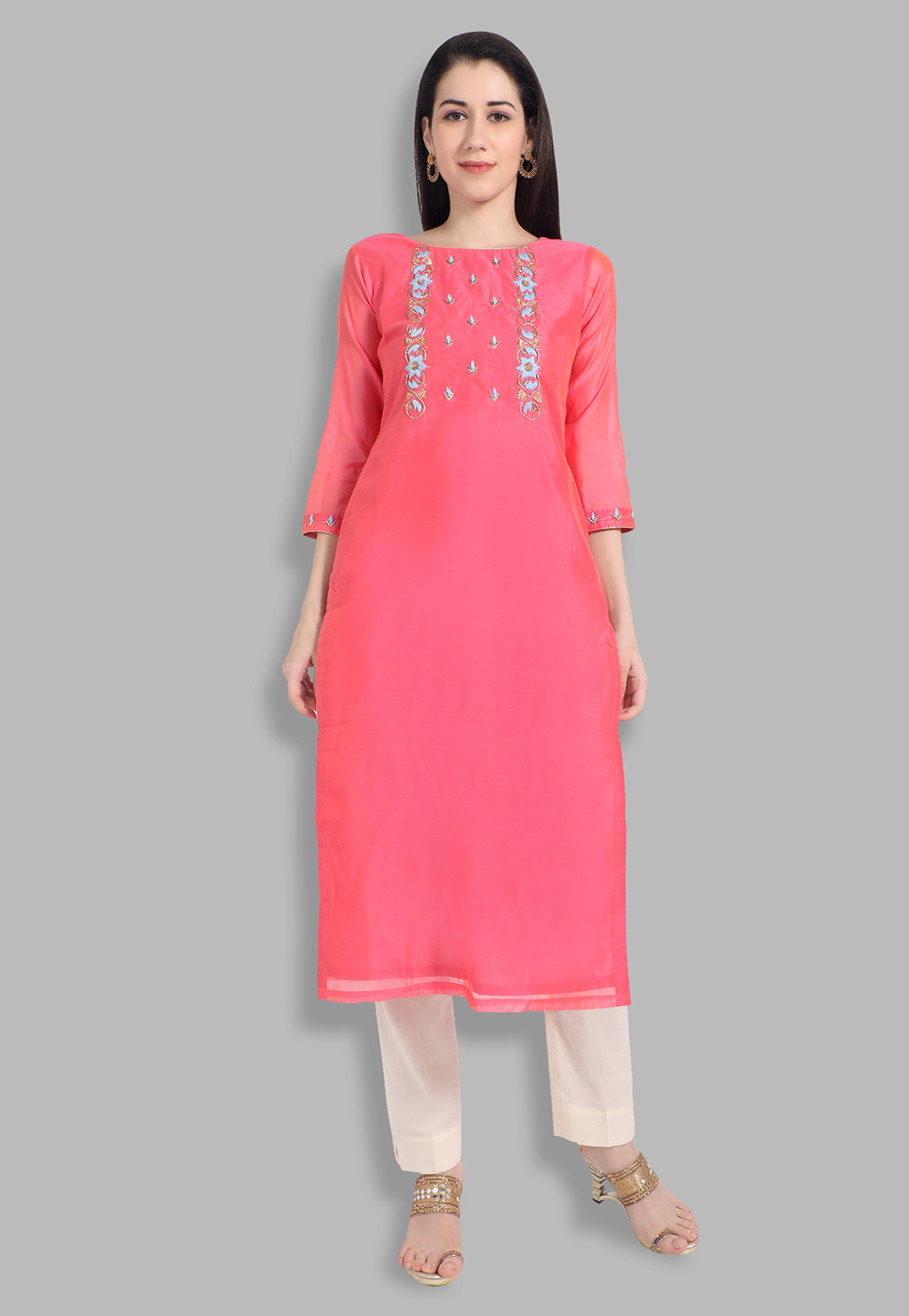 Chanderi Silk Handwork Kurti In Pink 201442