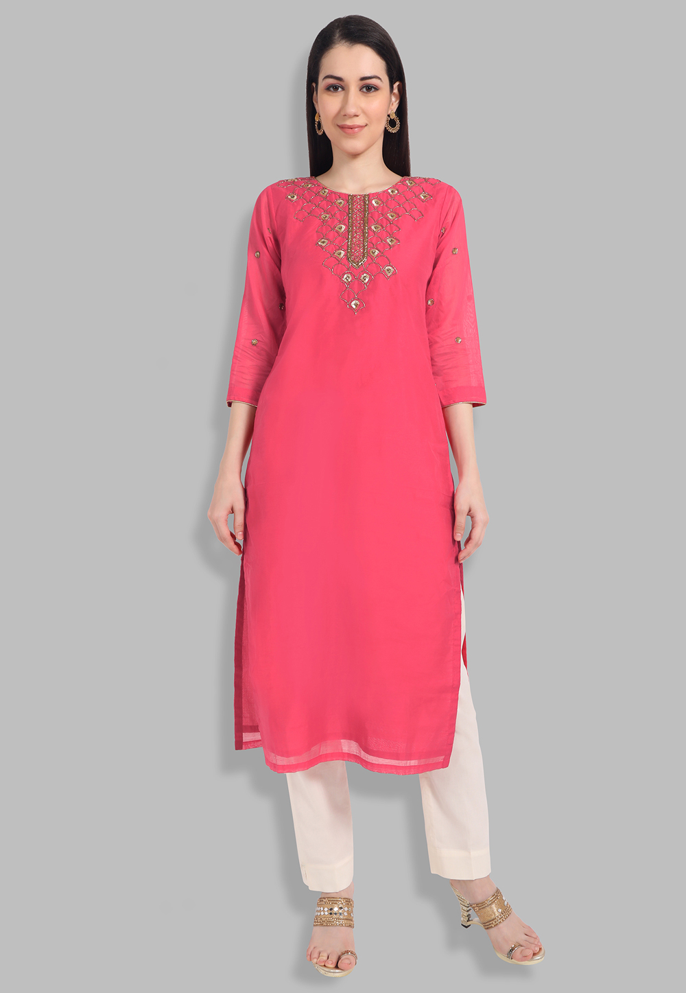 Pink Chanderi Silk Handwork Kurta Set With Pant 213943