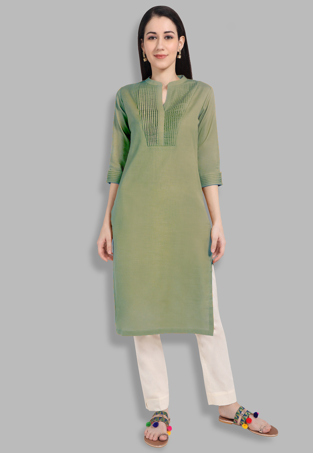 Embroidered Chanderi Cotton A Line Kurta Set in Light Green : TJA2478