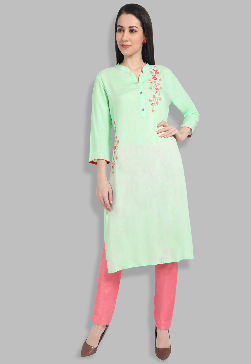 Light Green Floral Embellished work with Nyra Cut Georgette Kurti Set