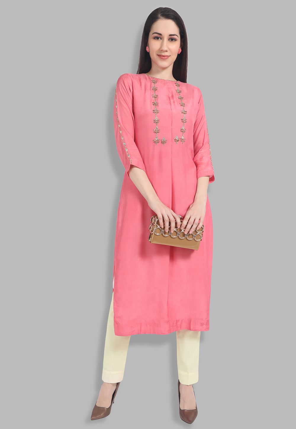 Pink Chanderi Silk Readymade Handwork Kurta Set With Pant 212157