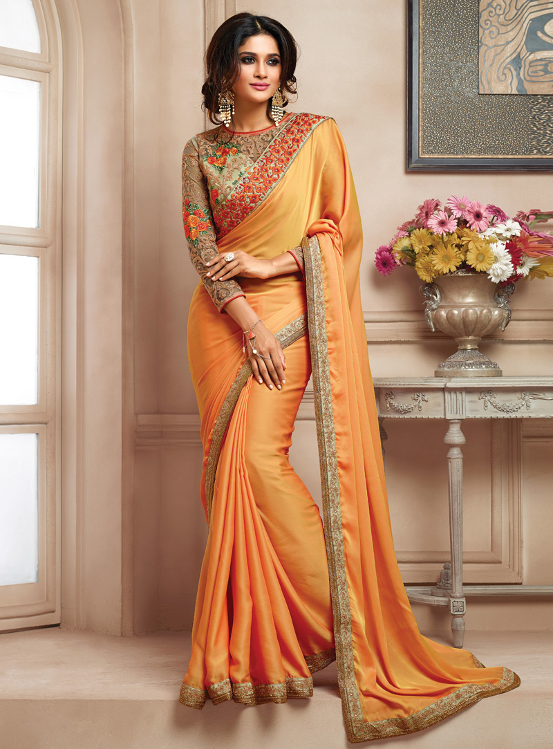 Orange Satin Saree With Embroidered Blouse 116228