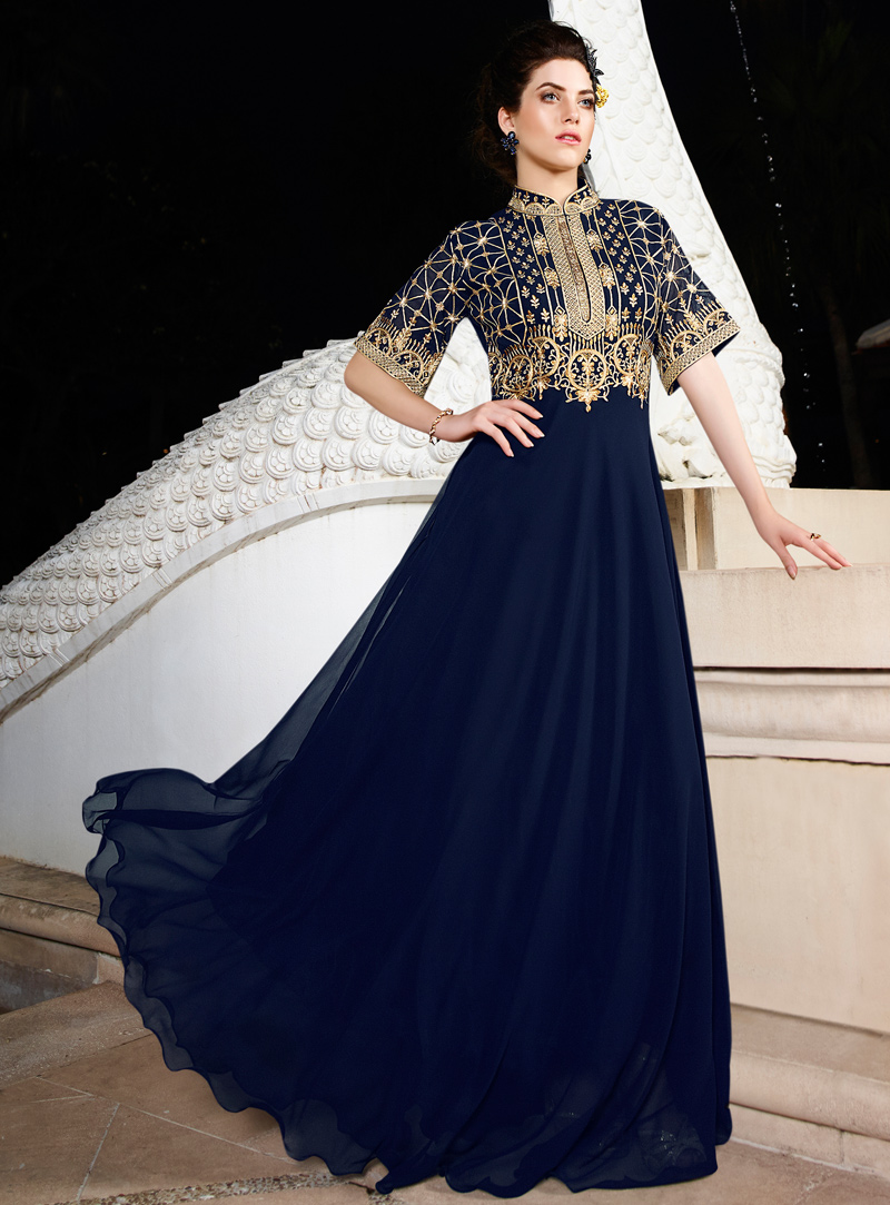 Navy Blue Silk Readymade Party Wear Gown 93912