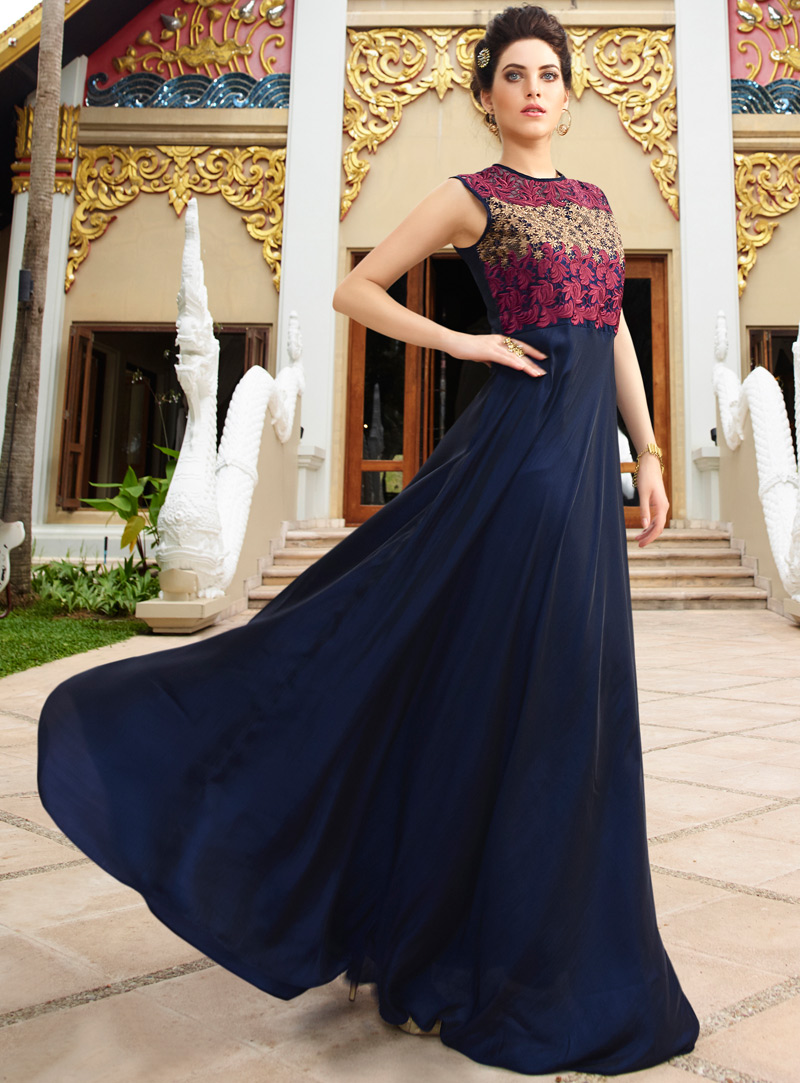 Navy Blue Silk Readymade Party Wear Gown 93916