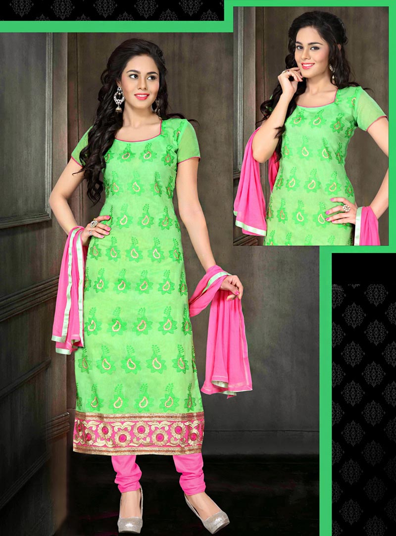 Green Chanderi Cotton Churidar Suit 66558