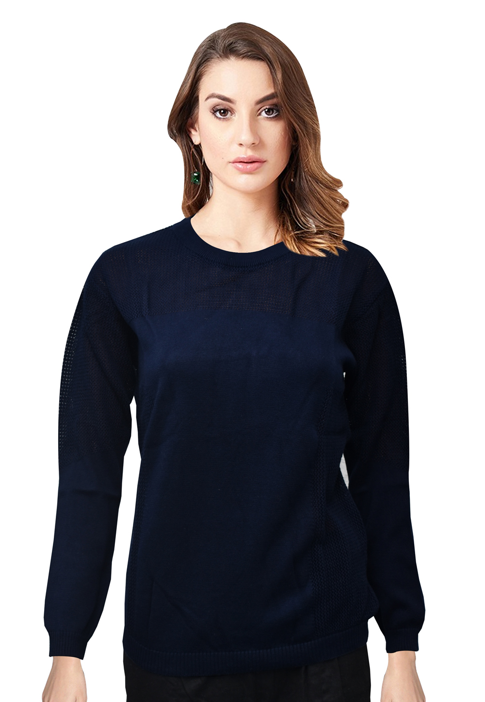 Navy Blue Woolen Knitted Sweater Tops 214240
