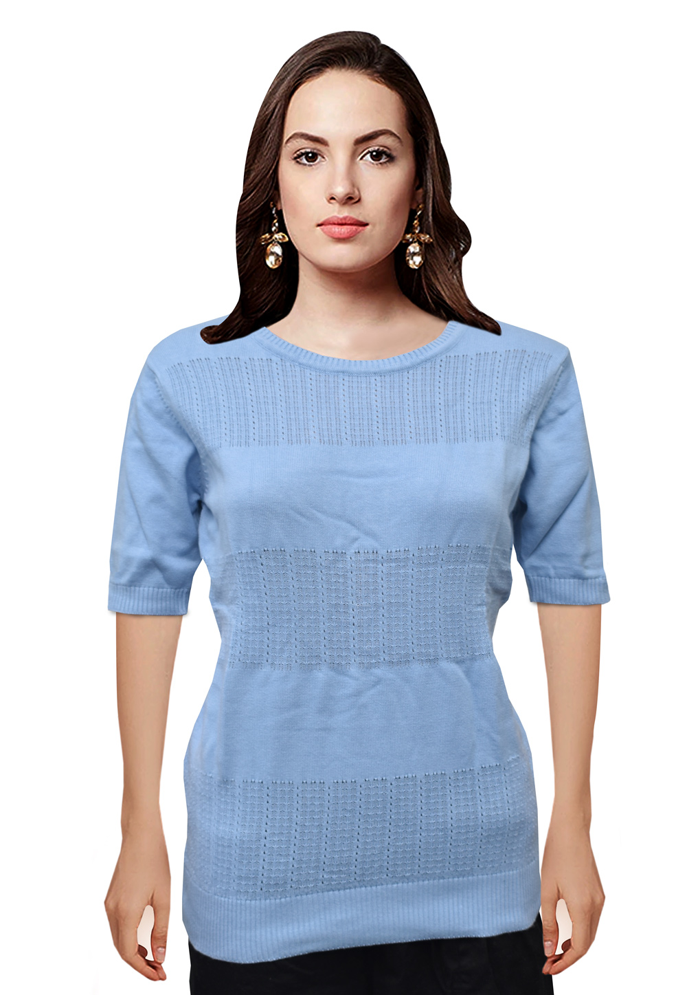 Sky Blue Woolen Knitted Sweater Tops 214252