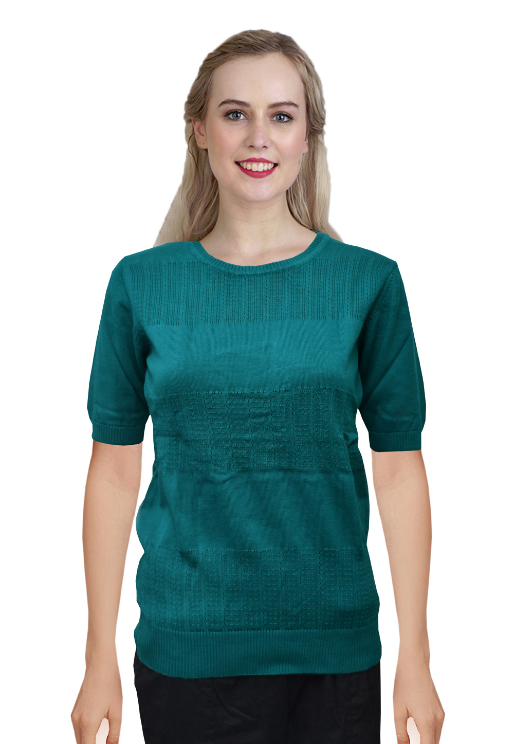 Teal Knitted Sweater Tops 214257