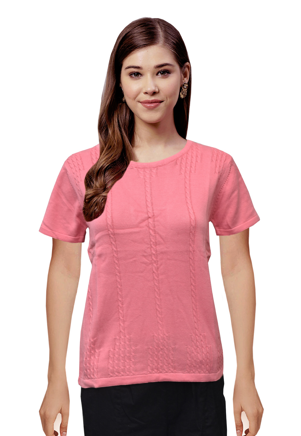Pink Woolen Knitted Sweater Tops 214258