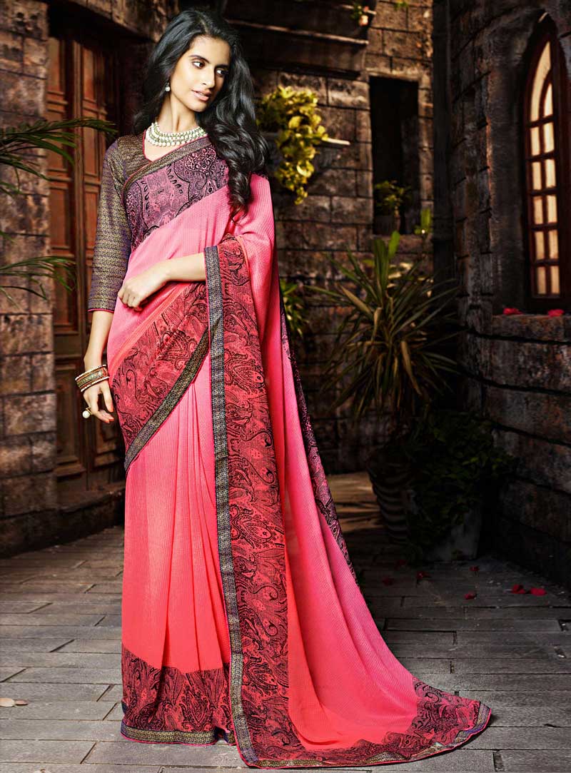 Shaded Pink Georgette Printed Saree With Blouse 65877