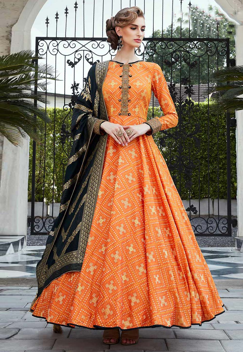 Orange Cotton Silk Readymade Ankle Length Anarkali Suit 200891