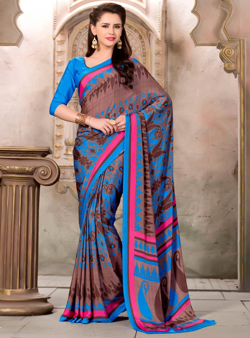 Brown Silk Crepe Printed Saree With Blouse 69104