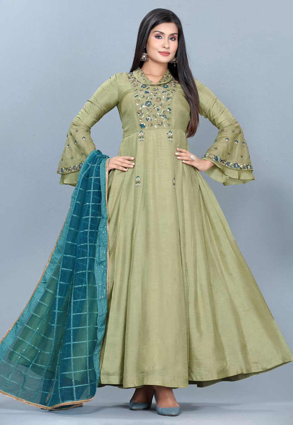 Green Silk Embroidered Ankle Length Anarkali Suit 227281