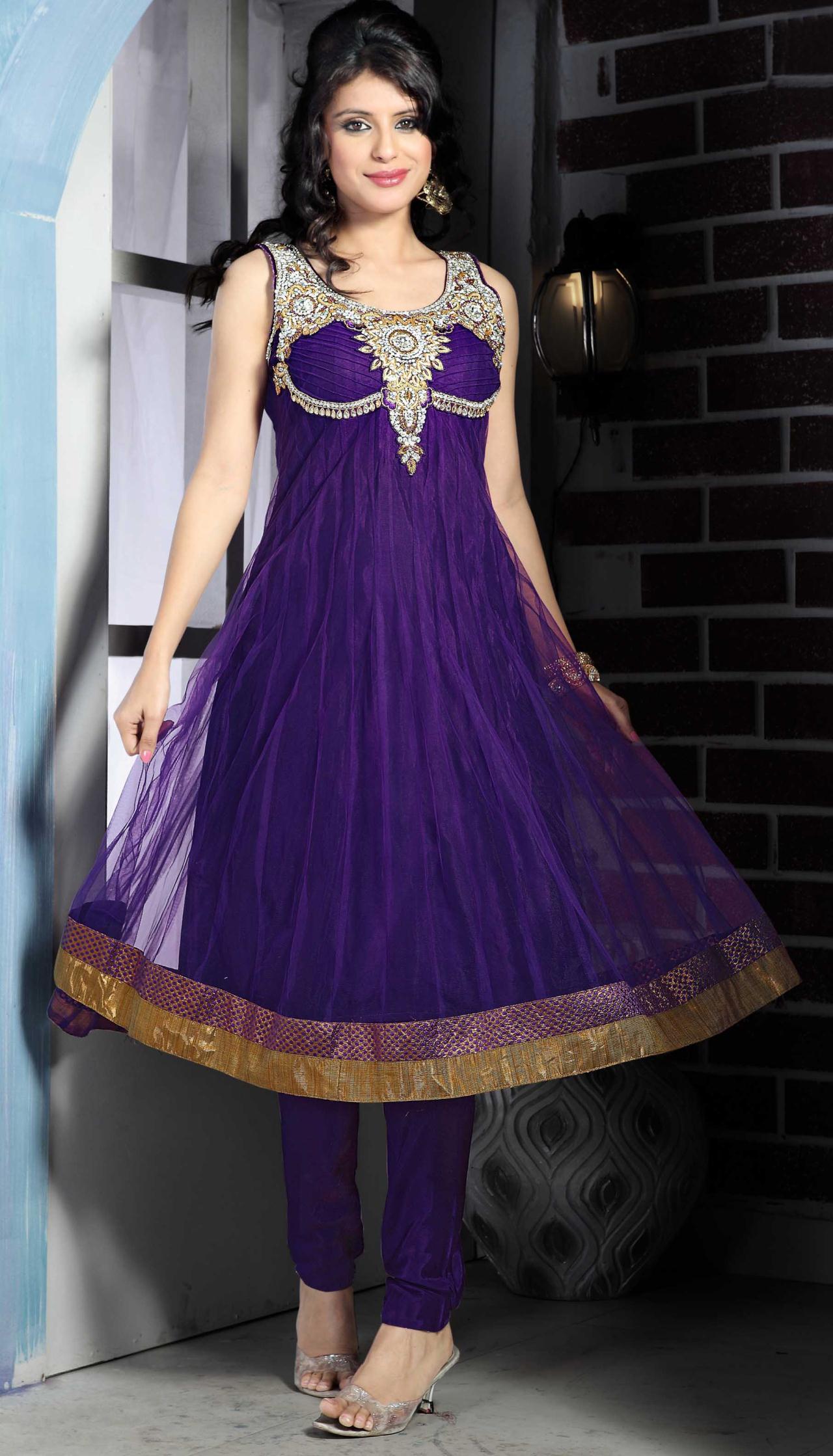 Purple Sleeveless Net Designer Salwar Kameez 15359