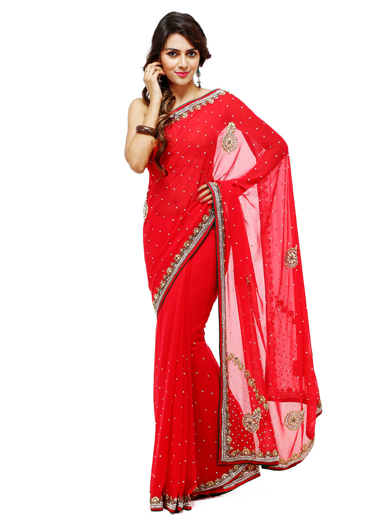 Red Georgette Patch Lace Work Saree 88873