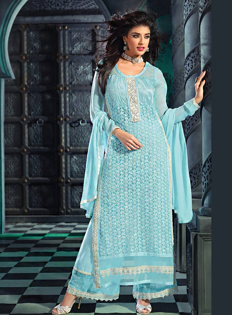 Sky Blue Georgette Palazzo Style Suit 69813