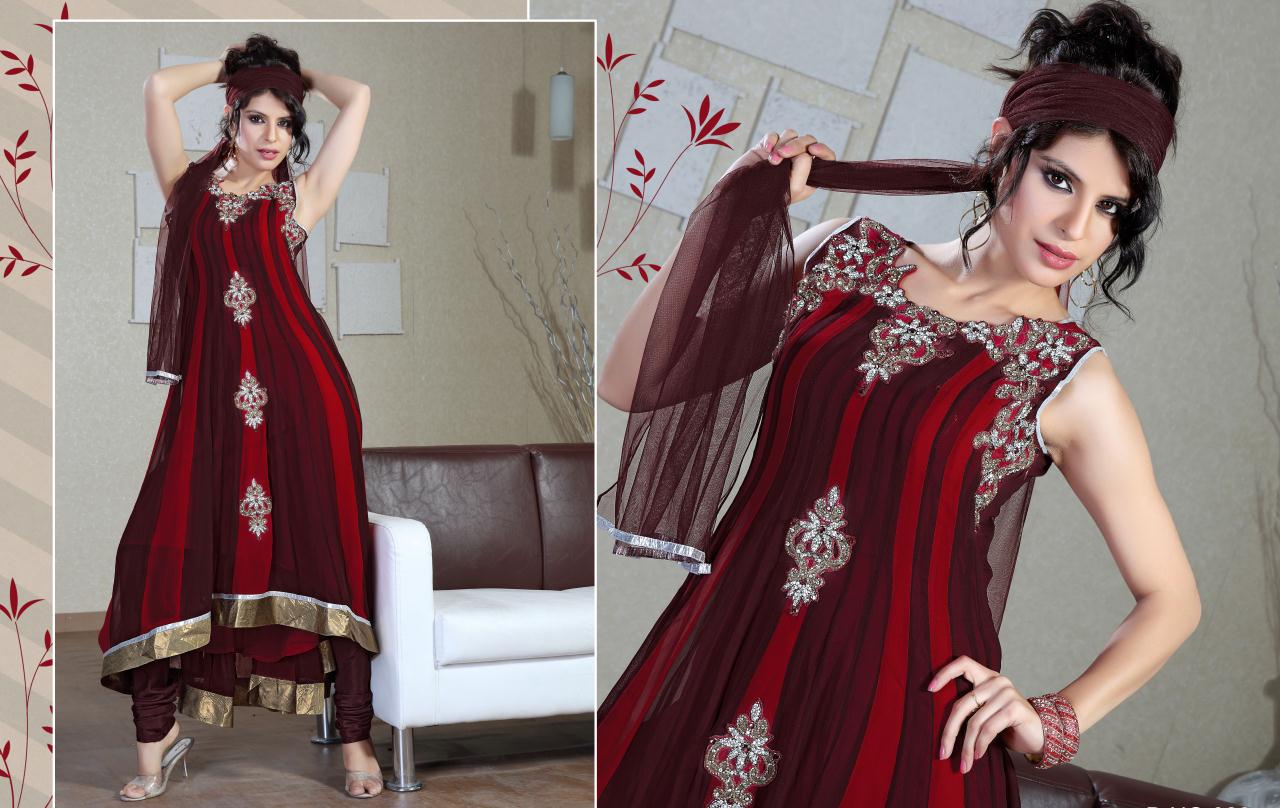 Red and Burgundy Faux Georgette Anarkali Suit 16630