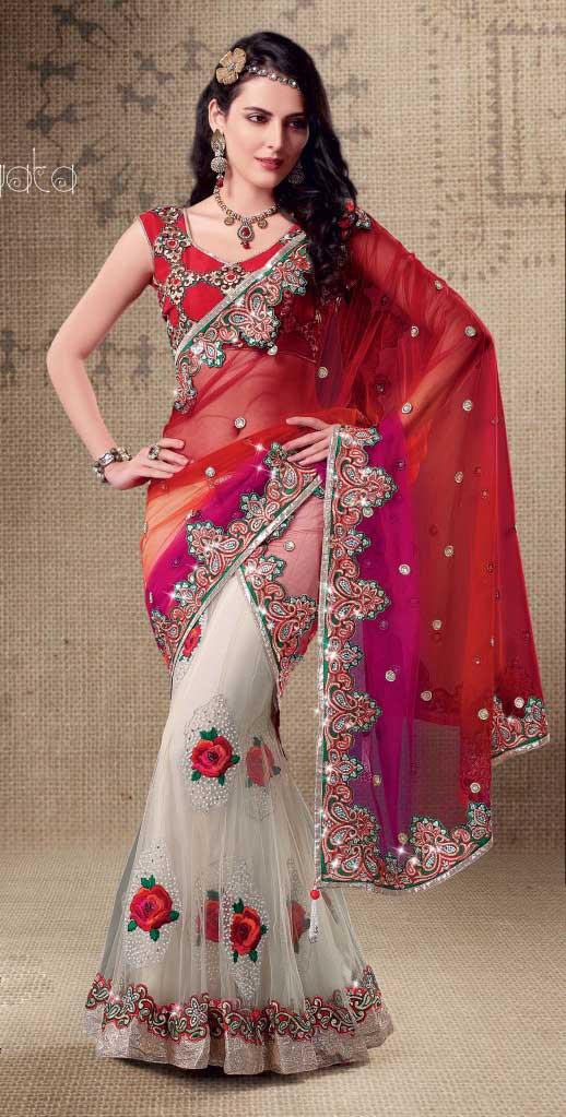 Red Faux Georgette and Net Lehenga Saree 19402 With Unstitched Blouse