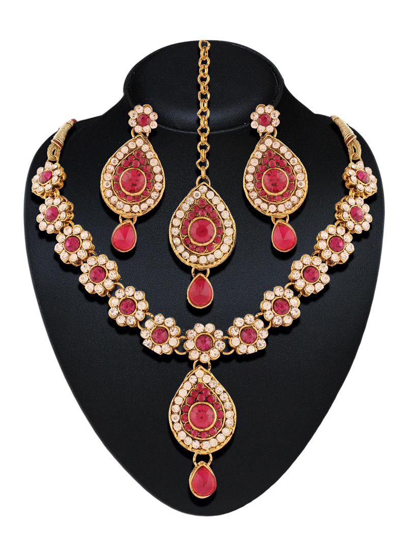 Pink Austrian Diamond Necklace With Earrings and Maang Tikka  107719