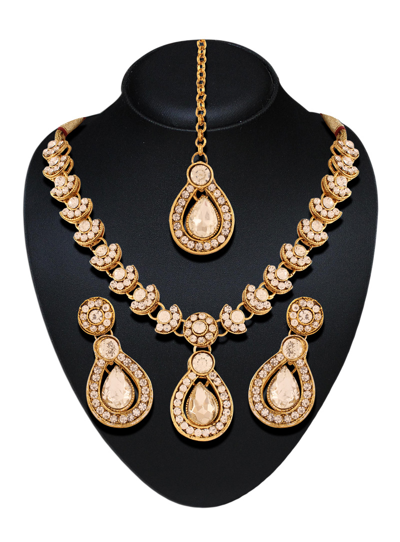 Golden Austrian Diamond Necklace With Earrings and Maang Tikka  107721