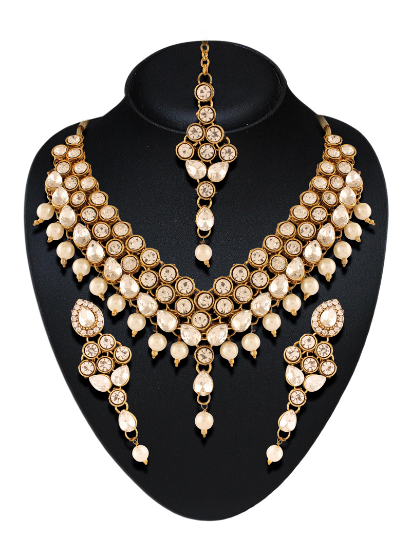 Golden Austrian Diamond Necklace With Earrings and Maang Tikka  107723