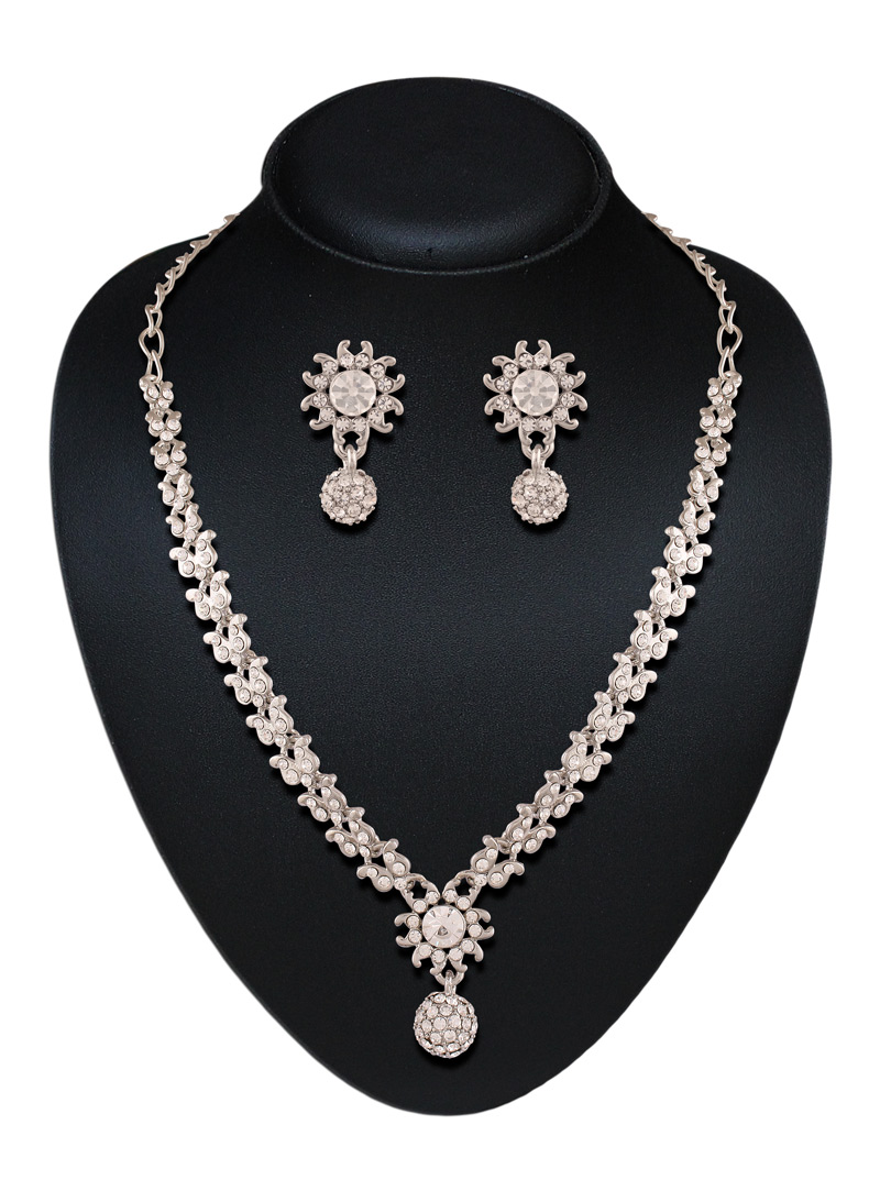 Silver Austrian Diamond Necklace With Earrings 107726