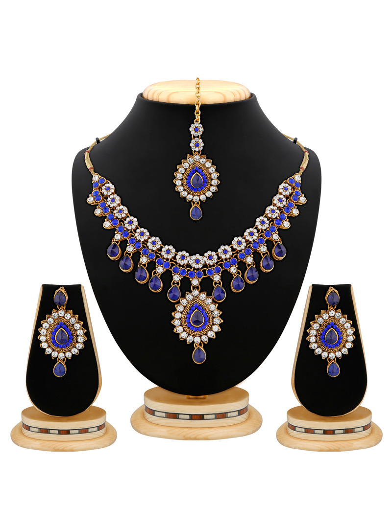 Blue Brass Austrian Diamonds Necklace With Earrings and Maang Tikka  103922
