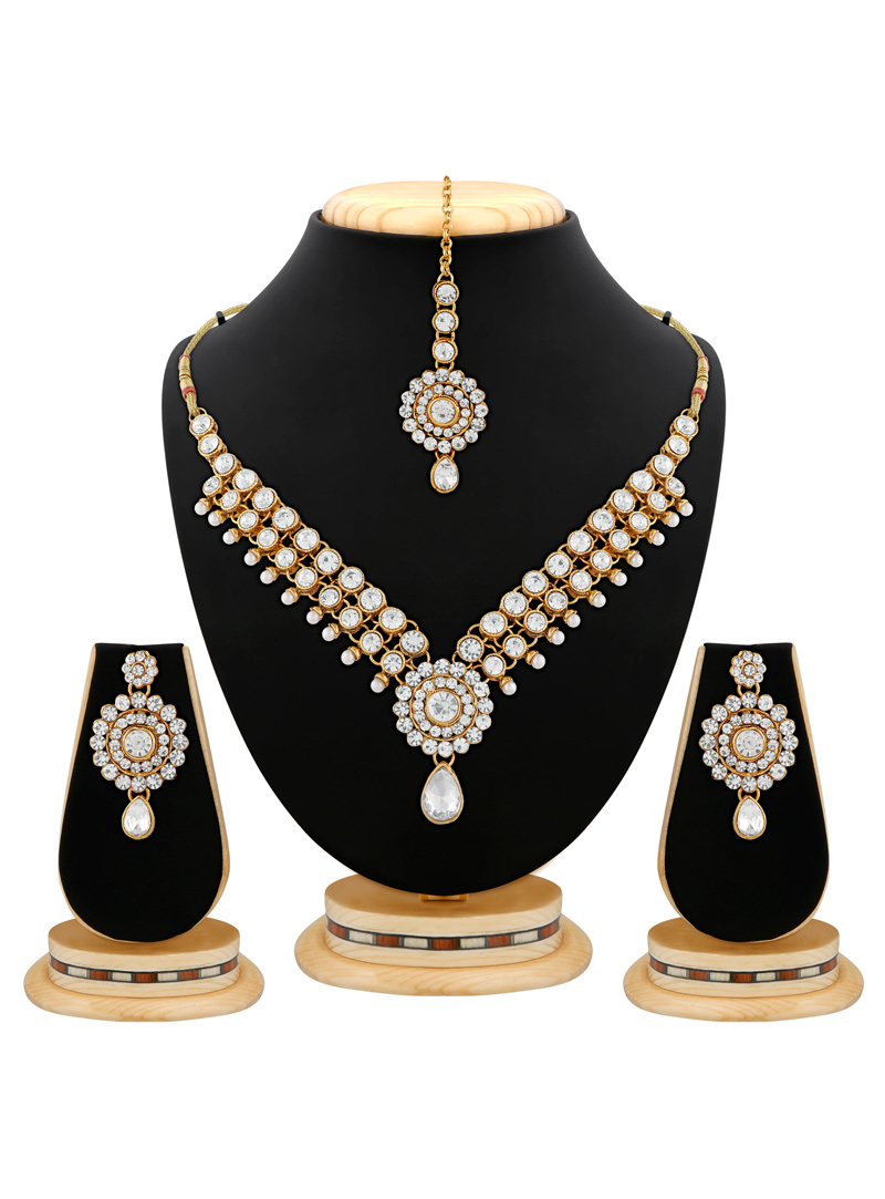 White Brass Austrian Stone Set With Earrings and Maang Tikka  103931