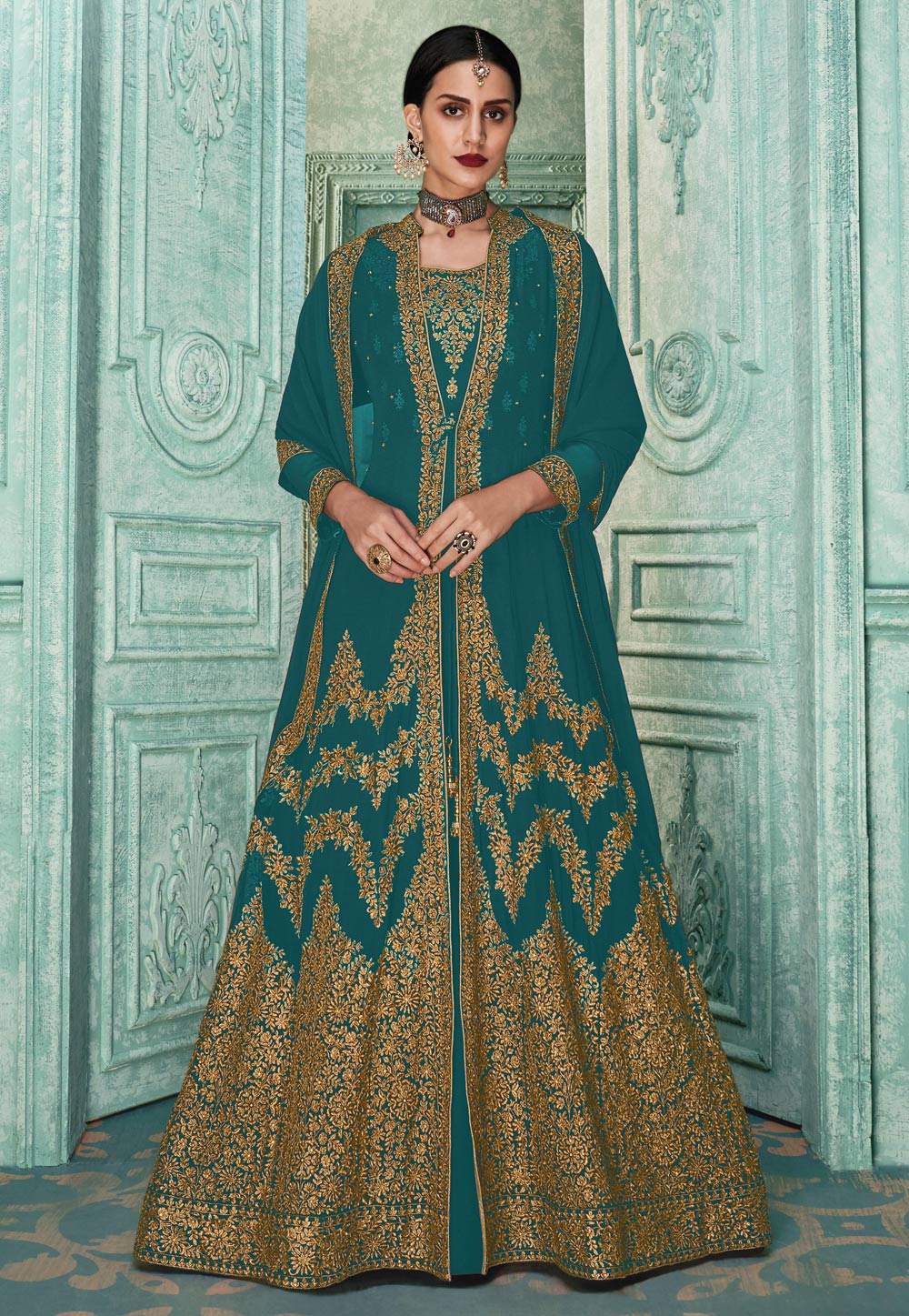 Turquoise Faux Georgette Embroidered Long Anarkali Suit 190599