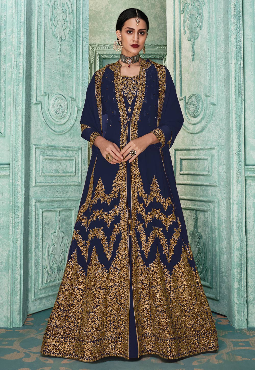 Navy Blue Faux Georgette Embroidered Jacket Style Suit 190600