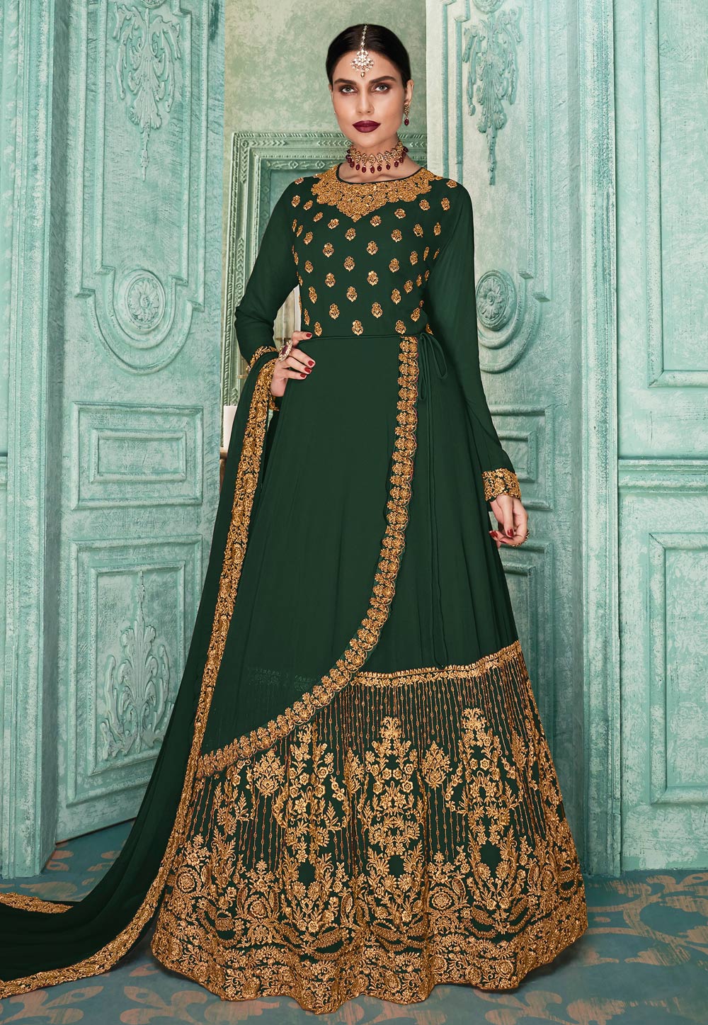 Green Faux Georgette Embroidered Long Anarkali Suit 190601