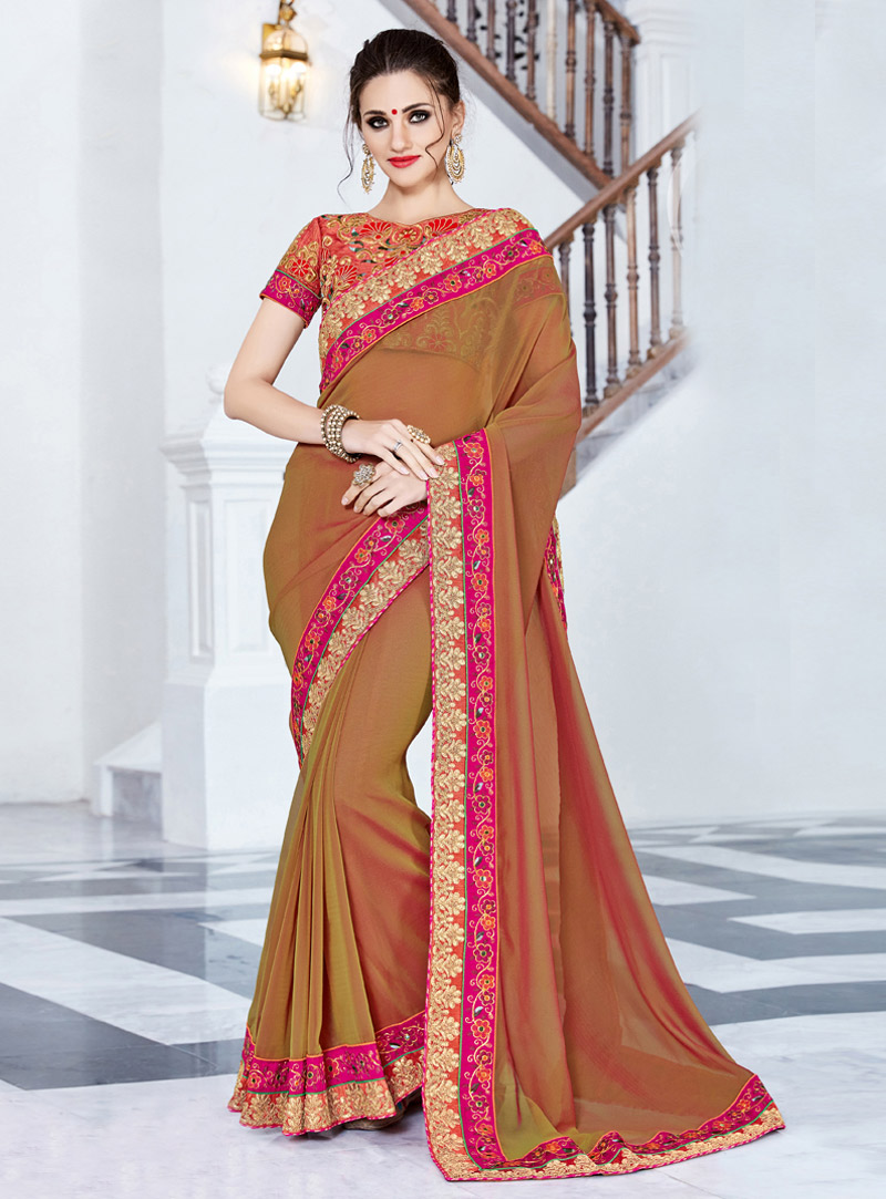 Brown Georgette Patch Lace Work Saree 88464