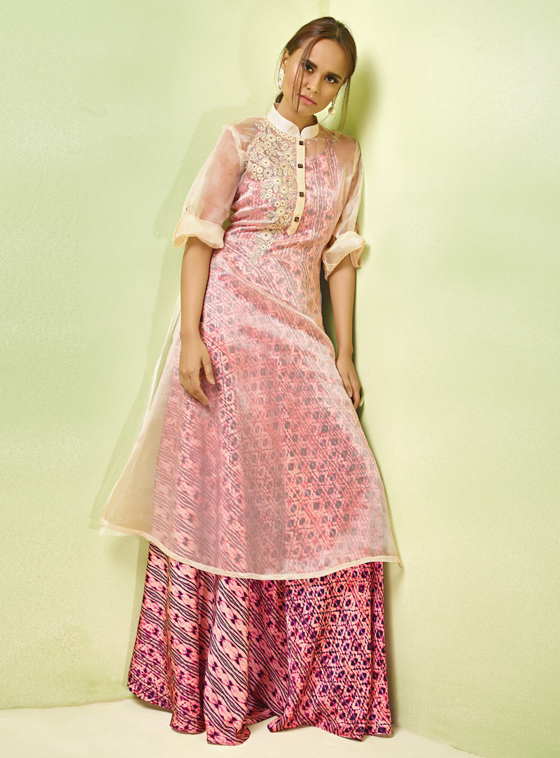 Pink Satin Readymade Long Gown With Jacket 147639