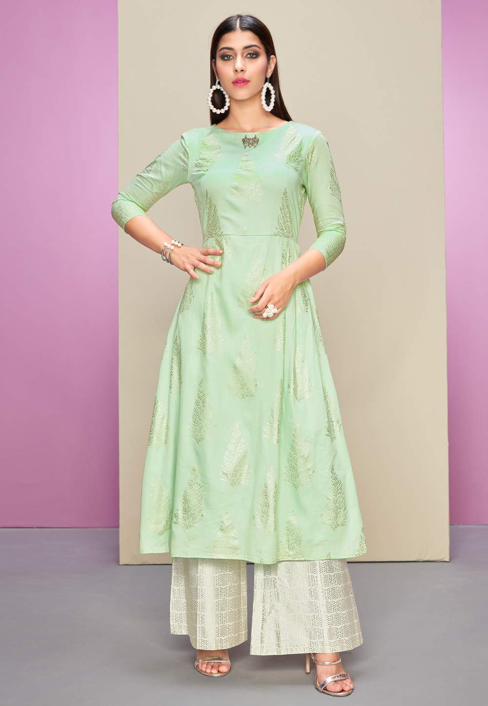 Light Green Cotton Readymade Kameez With Palazzo 169507