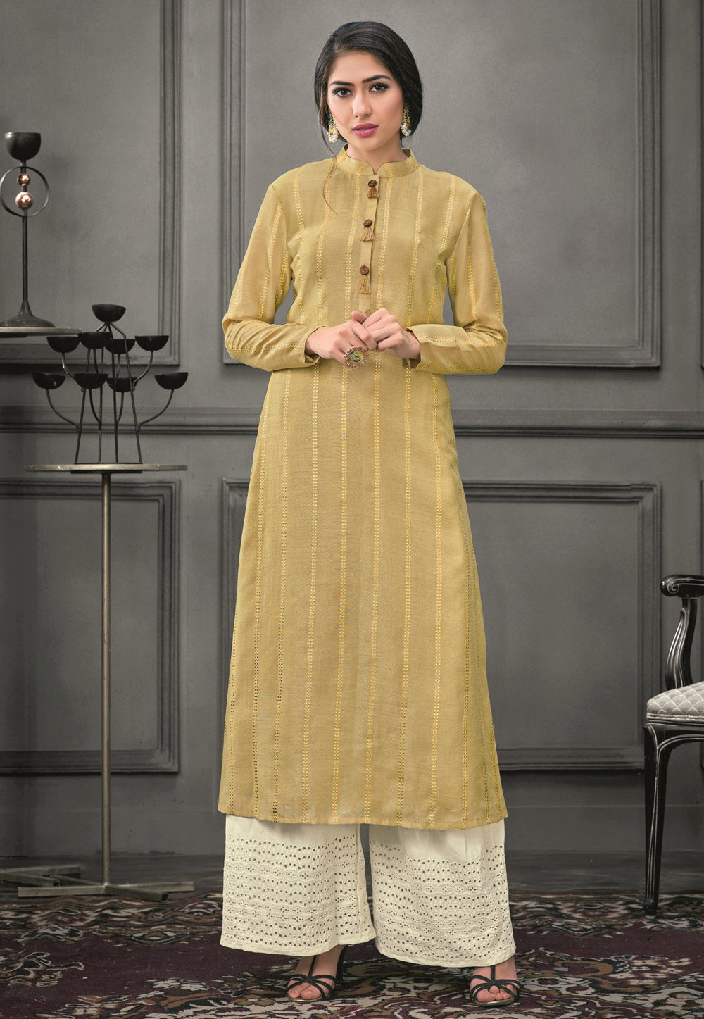 Beige Silk Readymade Palazzo Suit 175295