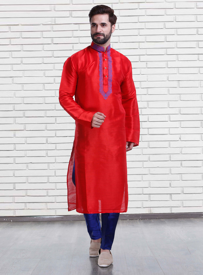 Red Art Silk Readymade Kurta Pajama 146990