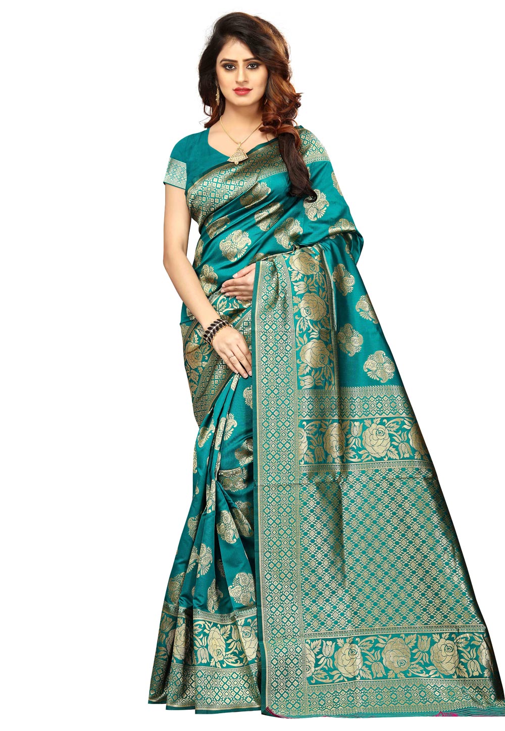 Turquoise Blue Banarasi Silk Saree With Blouse 156145