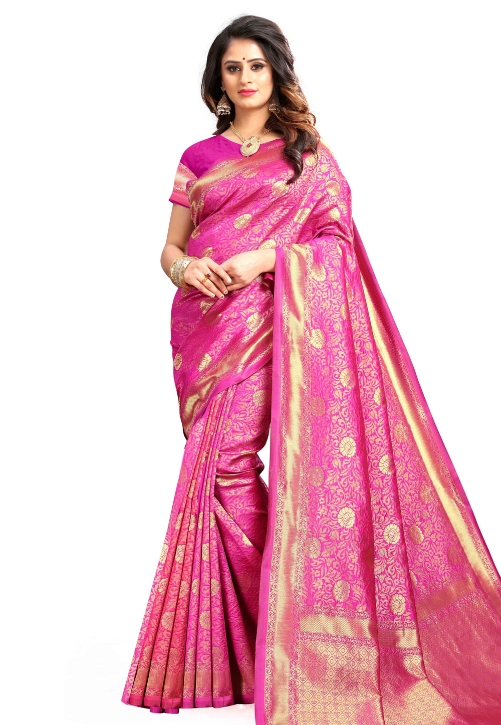 Pink Banarasi Silk Saree With Blouse 156151