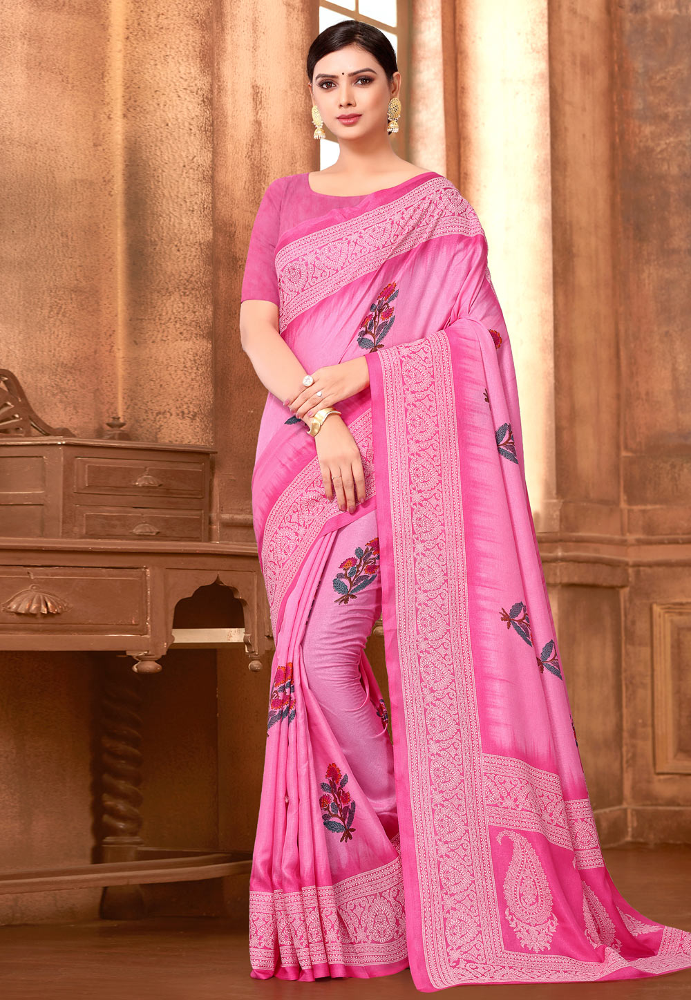 Pink Chiffon Printed Saree With Blouse 169772